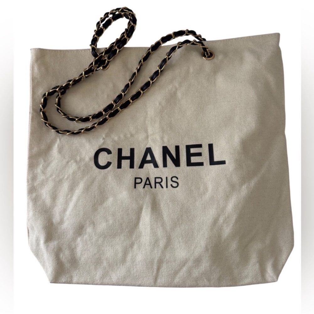 CHANEL Beige Canvas Tote with Black Logo and Chain-Strap Handles - Picture 2 of 3